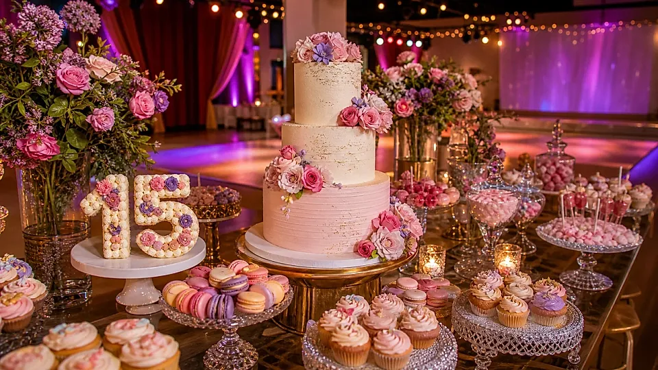 Torta de 15 años con mesa dulce y flores en un salón cálido